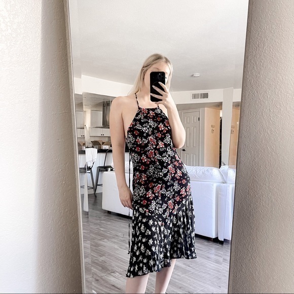Free People Intimately Black Red Floral Two Tone Midi Dress Strappy Back - Picture 1 of 7